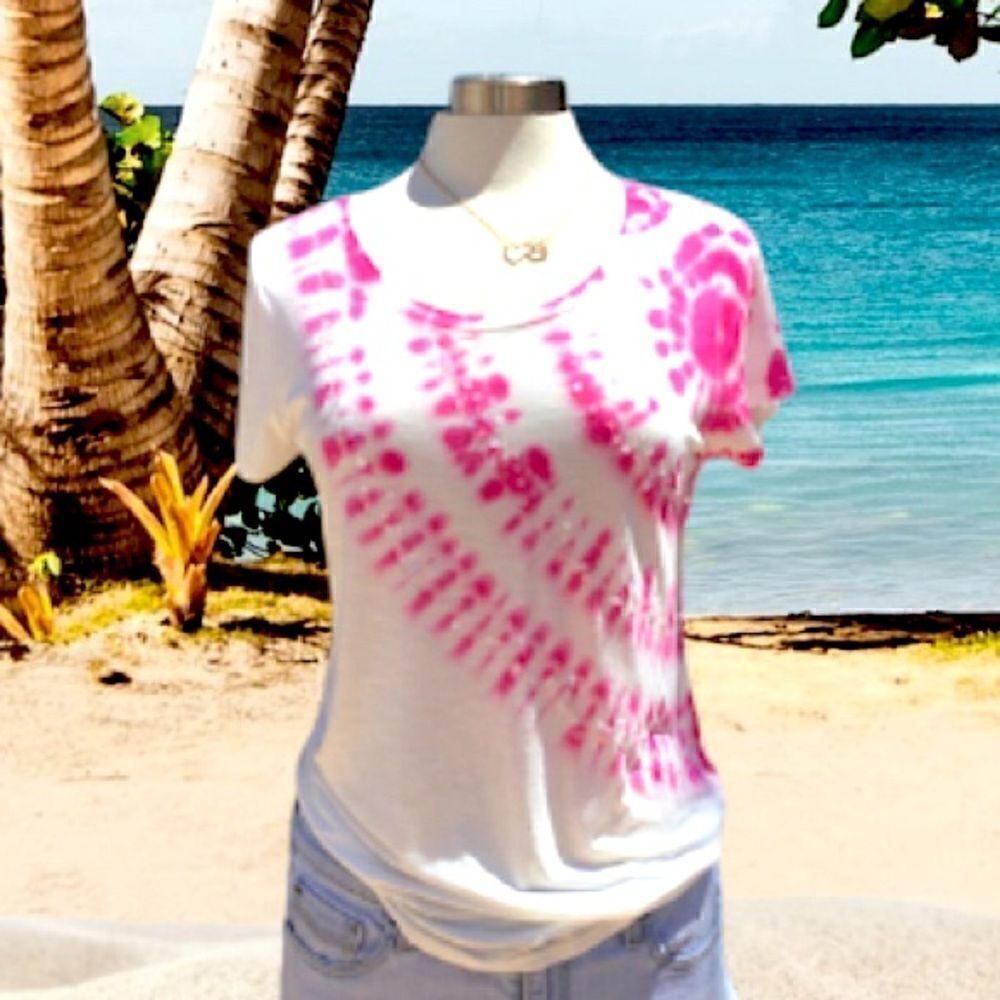 INC TIE DYE WOMEN T-SHIRT TOP SHORT SLEEVES SIZE MEDIUM WHITE PINK - Picture 3 of 6